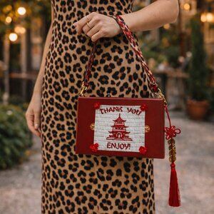 Chinese Take-Out - Red Cigar Box Purse w/Boho Adjustable Animal Print CrossBody